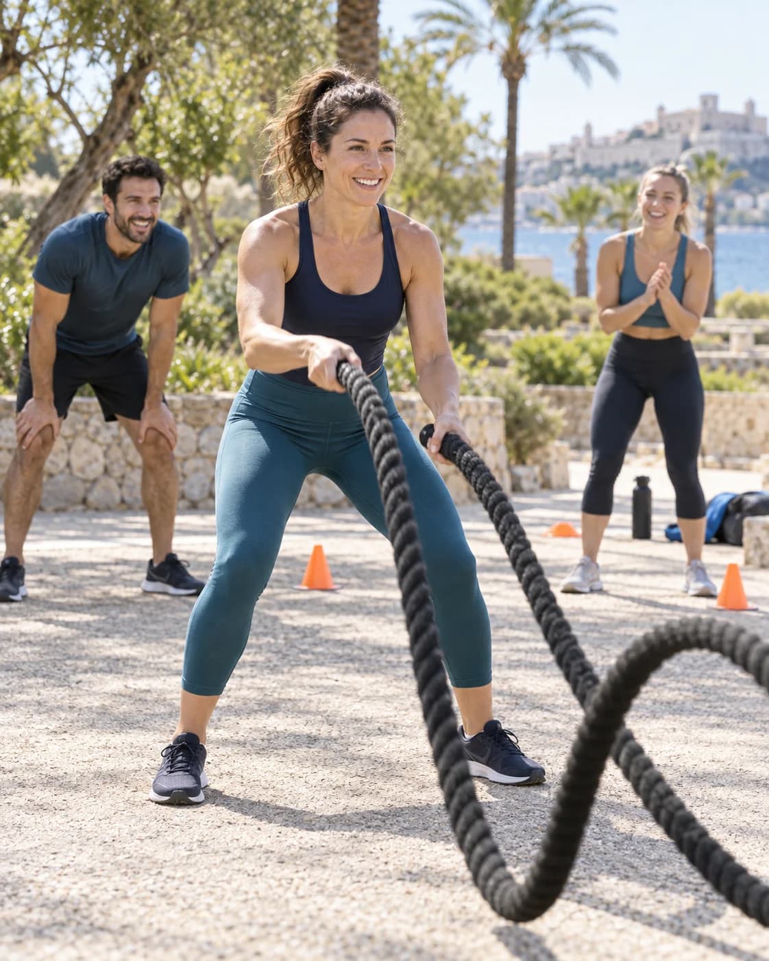 Three people enjoying an outdoor conditioning session with battle ropes